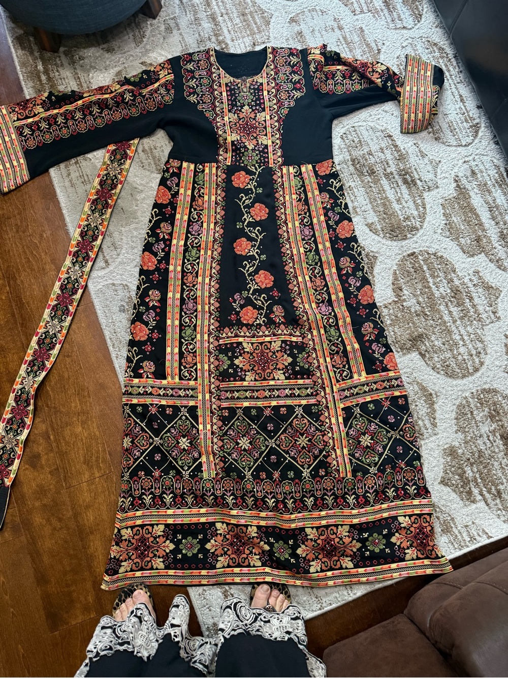 Embroidered Floral Maxi Dress in Black and Coral